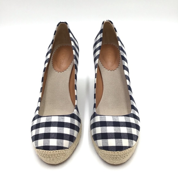 🔴SOLD🔴J. Crew Factory blue white check plaid textile espadrille wedge pumps 8 - Picture 3 of 11